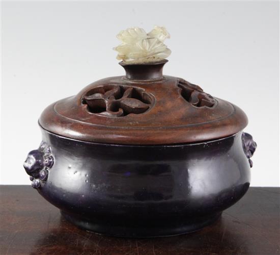 A Chinese aubergine glazed censer, Gui, 18th century, width 16cm, restored